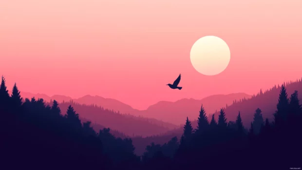 A minimalist bird silhouette flying across gradient dusk sky, 4K resolution PC wallpaper.