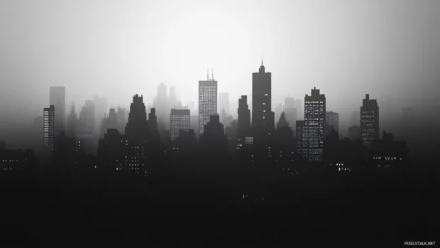 A minimalist black and white cityscape designed for Windows 10 lock screen wallpaper.