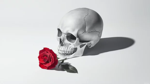 A minimalist black and white skull with a single red rose, surrounded by subtle shading and elegant, soft lines.