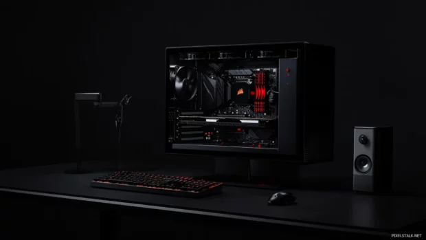 A minimalist concept using Pure black background PC in an elegant layout.