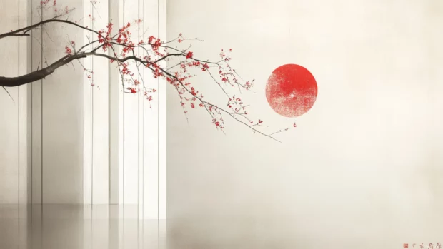 A minimalist design featuring Japanese symbols and patterns on a textured paper background.