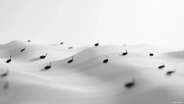 A minimalist design with black music notes scattered across a clean white sheet of paper, with soft shadows creating depth and texture.