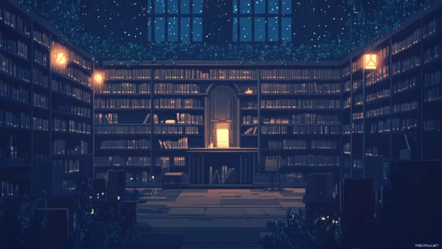 A minimalist layout featuring Fantasy Library centered in deep dusk.