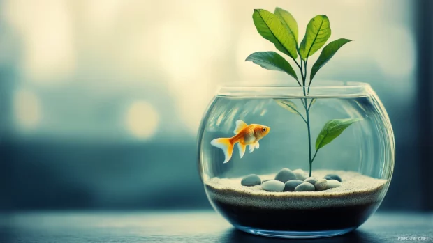 A minimalistic fish tank with a few elegant fish, sand, smooth stones, and a single, large plant centerpiece, bathed in soft natural lighting.
