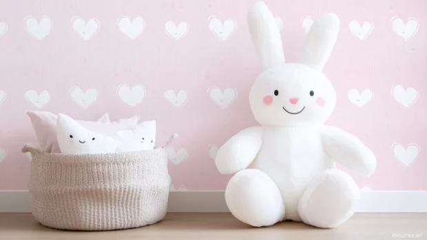 A minimalistic pink wallpaper with simple heart patterns and smiling star faces, perfect for a cute, calming kids room.
