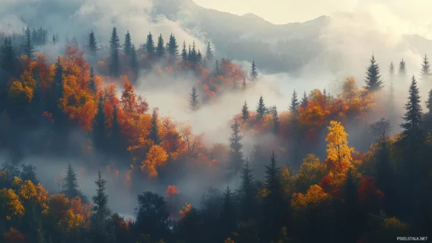 A misty forest with autumn foliage, ideal for desktop backgrounds for fall season.