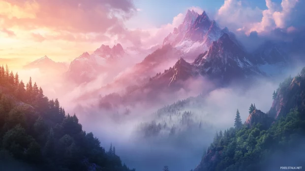 A misty mountain landscape at sunrise, ideal for Windows 10 lock screen image.