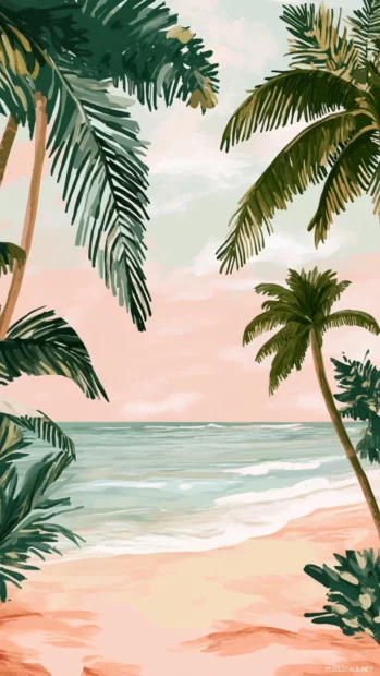 A mix of delicate tropical plants, gentle waves, and pastel accents creating a calming seasonal vibe.