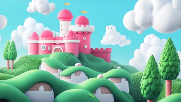 A modern 3D style Super Mario World Wallpaper with Peachs Castle and floating hills.