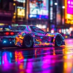 A modern car with vibrant neon lights wheels and body, reflecting colorful patterns cruises down empty neon lit street, with streetlights and billboards glowing background.