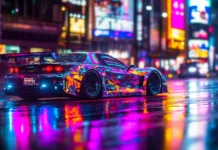 A modern car with vibrant neon lights wheels and body, reflecting colorful patterns cruises down empty neon lit street, with streetlights and billboards glowing background.