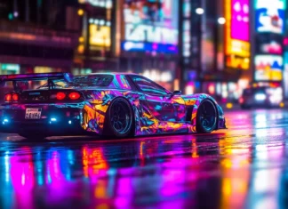 A modern car with vibrant neon lights wheels and body, reflecting colorful patterns cruises down empty neon lit street, with streetlights and billboards glowing background.