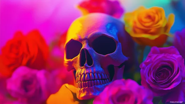 A modern digital art skull with roses in vibrant colors, each petal glowing slightly to create a dreamlike atmosphere.