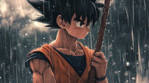A moment of reflection shows Goku holding a broken staff under falling rain.