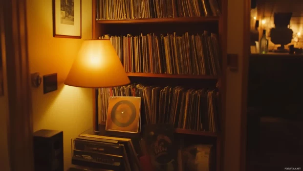 A moody image of a collection of vintage vinyl records stacked in a corner of a music studio, with soft lighting highlighting the textures and colors of the album covers.
