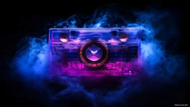 A moody image of a retro cassette tape with neon colors and a glowing aura, set against a dark background with a hint of smoke, creating a nostalgic yet modern music atmosphere.