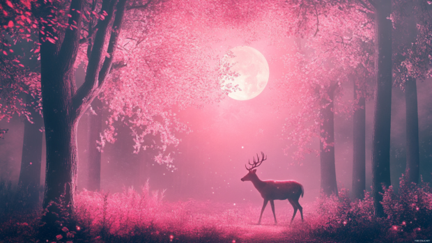 A moonlit deer walking through a pink hued enchanted forest.