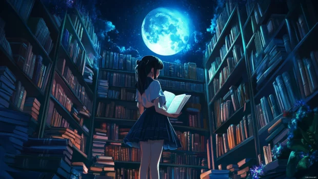 A moonlit library with anime girl searching old books and secrets.