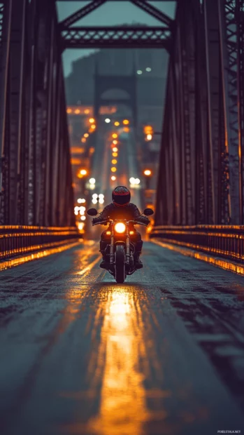 A motorbike revs on the bridge, framed in high resolution cyberpunk wallpaper detail.