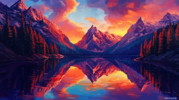 A mountain lake reflecting the vibrant colors of the sunset, surrounded by towering peaks.