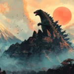 A mountain ridge crumbles as Shin Godzilla rises above it.
