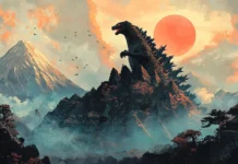 A mountain ridge crumbles as Shin Godzilla rises above it.