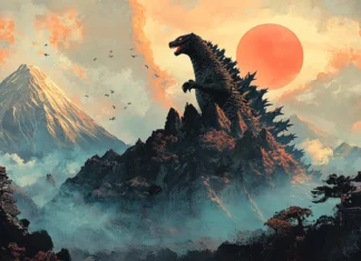 A mountain ridge crumbles as Shin Godzilla rises above it.