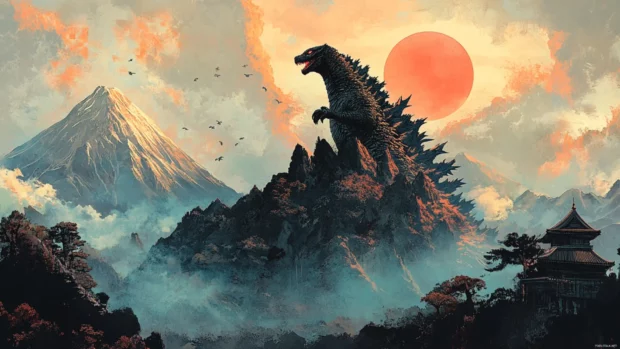 A mountain ridge crumbles as Shin Godzilla rises above it.