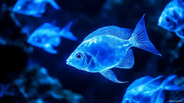 A moving scene of glowing fish swimming through a deep blue sea.