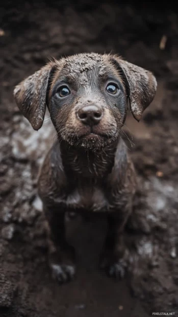 A muddy puppy stares up proudly after digging in the garden.