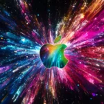 A multicolor Apple logo radiating energy with a cosmic backdrop.