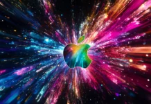 A multicolor Apple logo radiating energy with a cosmic backdrop.