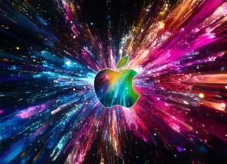 A multicolor Apple logo radiating energy with a cosmic backdrop.