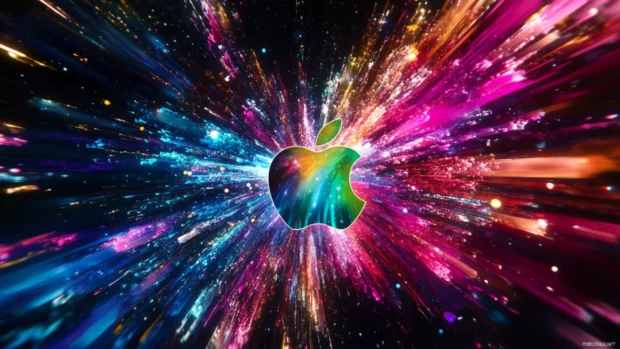 A multicolor Apple logo radiating energy with a cosmic backdrop.