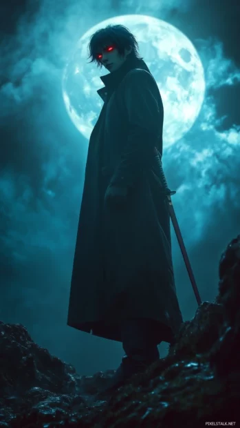 A mysterious anime boy in a dark trench coat, leaning on a katana, with glowing red eyes and a full moon illuminating the background.