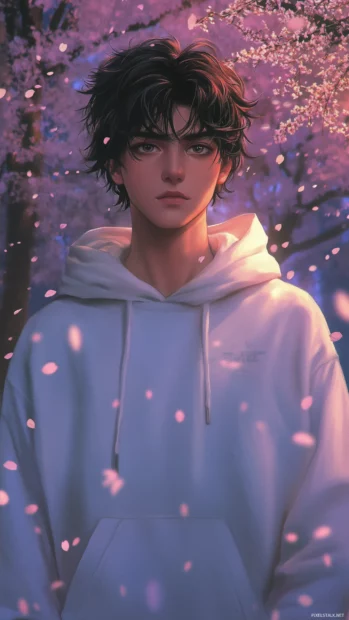 A mysterious anime boy in a white hoodie, surrounded by cherry blossoms falling gently in a serene park at twilight.