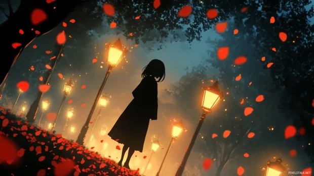 A mysterious anime girl standing under glowing street lamps as petals fall.