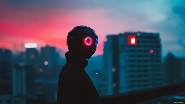 A mysterious figure with a robotic mask staring out over the city from a rooftop, bathed in red and blue glow.