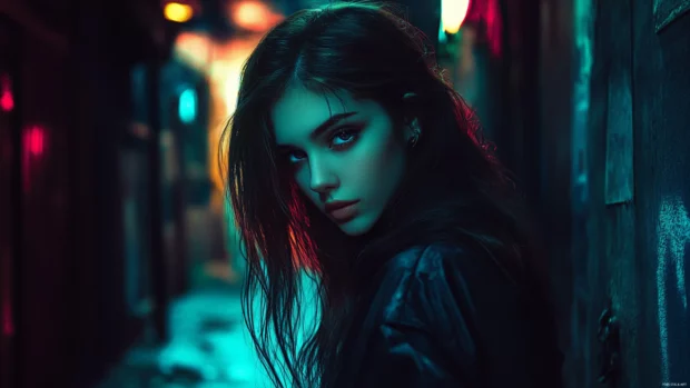 A mysterious girl in a dark alley with neon lights reflecting on her face, cyberpunk aesthetic.