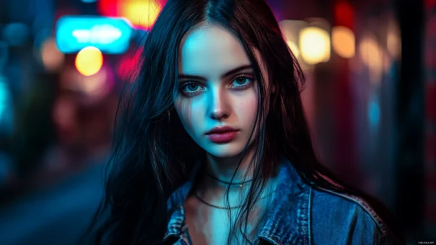 A mysterious girl in a dark alley with neon lights reflecting on her face, cyberpunk aesthetic.