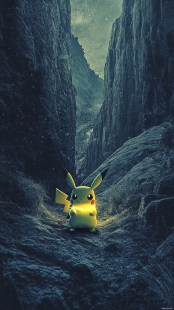 A mysterious glow follows Pikachu as it walks through a deep canyon at night.