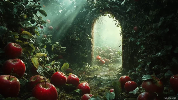 A mystical portal surrounded by spoiled apples.