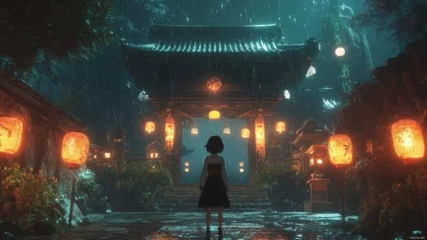 A mystical shrine illuminated by lanterns where an anime girl stands in kimono.