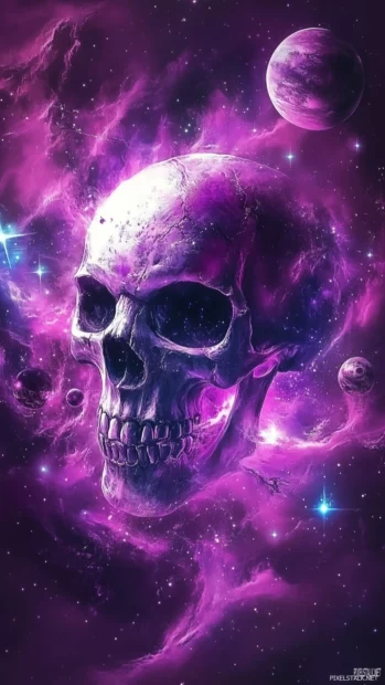 A mystical skull surrounded by swirling galaxy elements, with stars and planets embedded within, evoking a cosmic and otherworldly atmosphere.