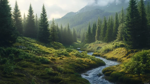A narrow stream winds through an alpine valley surrounded by pine forests.