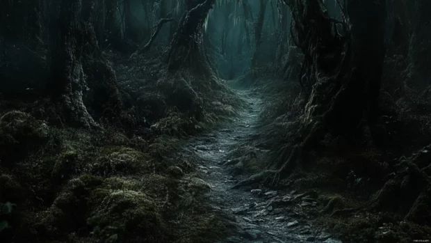 A narrow trail winds through a dark forest thick with moss.