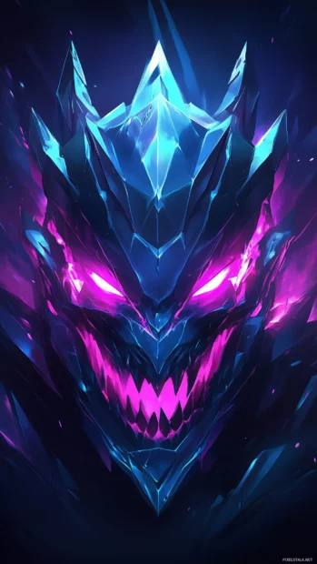 A neon blue skull with sharp, glowing edges and pink and purple highlights, creating an intense, edgy look against a dark background.