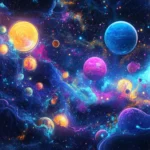 A neon cosmic scene with glowing planets, vibrant stars, and radiant light trails, Vector illustration.