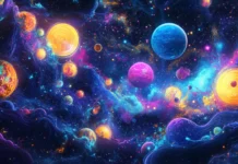 A neon cosmic scene with glowing planets, vibrant stars, and radiant light trails, Vector illustration.