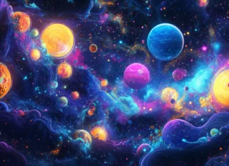 A neon cosmic scene with glowing planets, vibrant stars, and radiant light trails, Vector illustration.